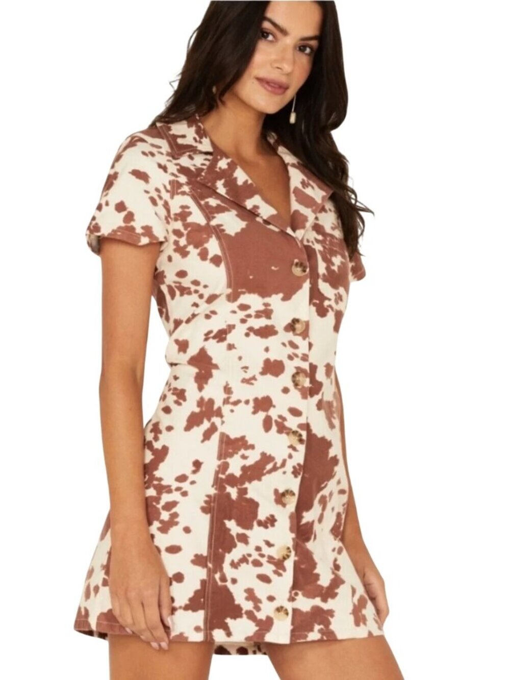 Show Me Mumu Womens Small Brown Cow Print Button Front Shirt Dress